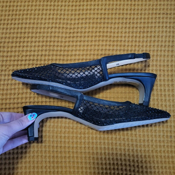 Charles David Shine Dress Kitten Rhinestone Mesh Black Sparkle Sling Heel NWOT 9 - Picture 5 of 6